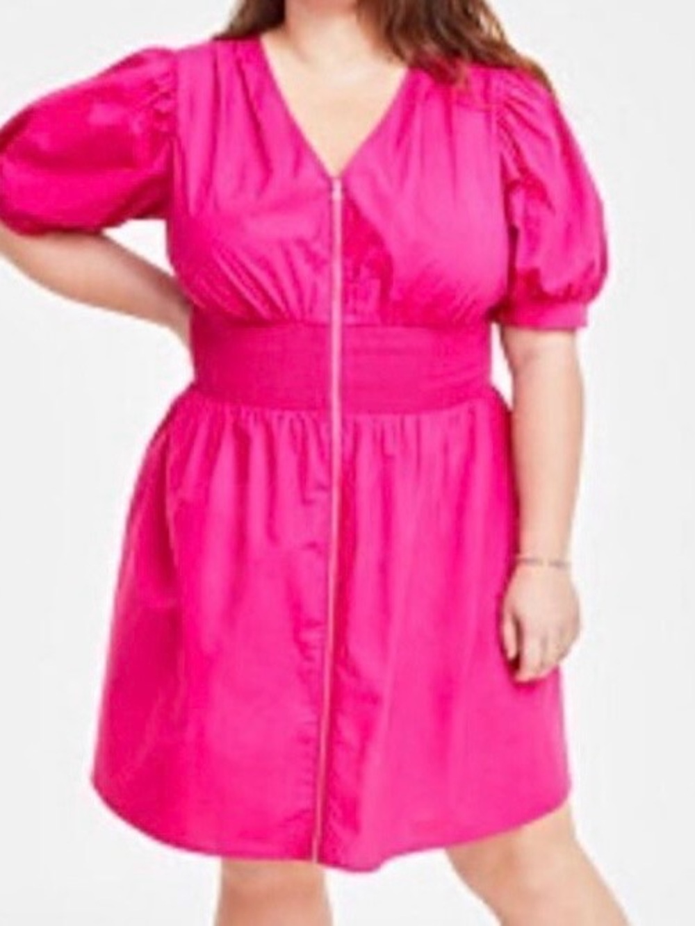 On 34th Women's Plus Size Puff-Sleeve Smocked Zip-Front Dress.